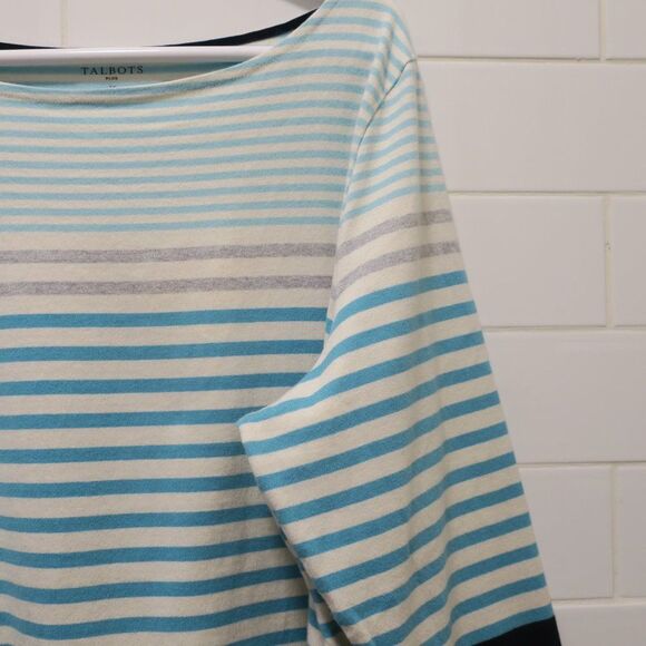 TALBOTS womens top 3x cotton long sleeve striped blue white spring stretch boat - Picture 7 of 9
